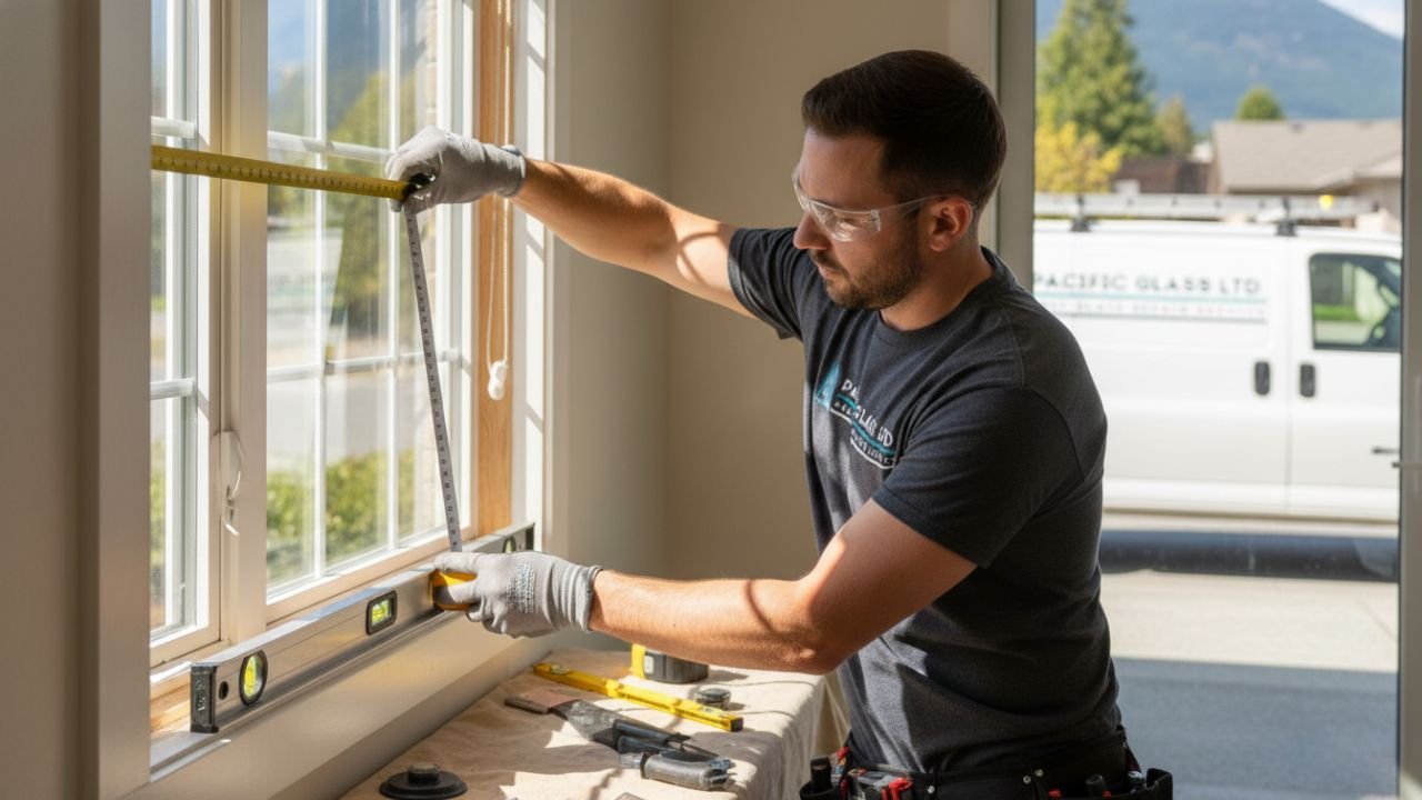 Technician measuring window frame North Vancouver