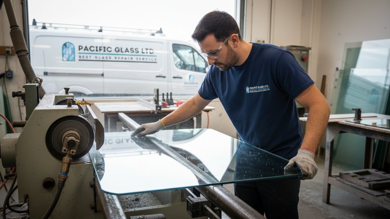 Technician polishing glass edges