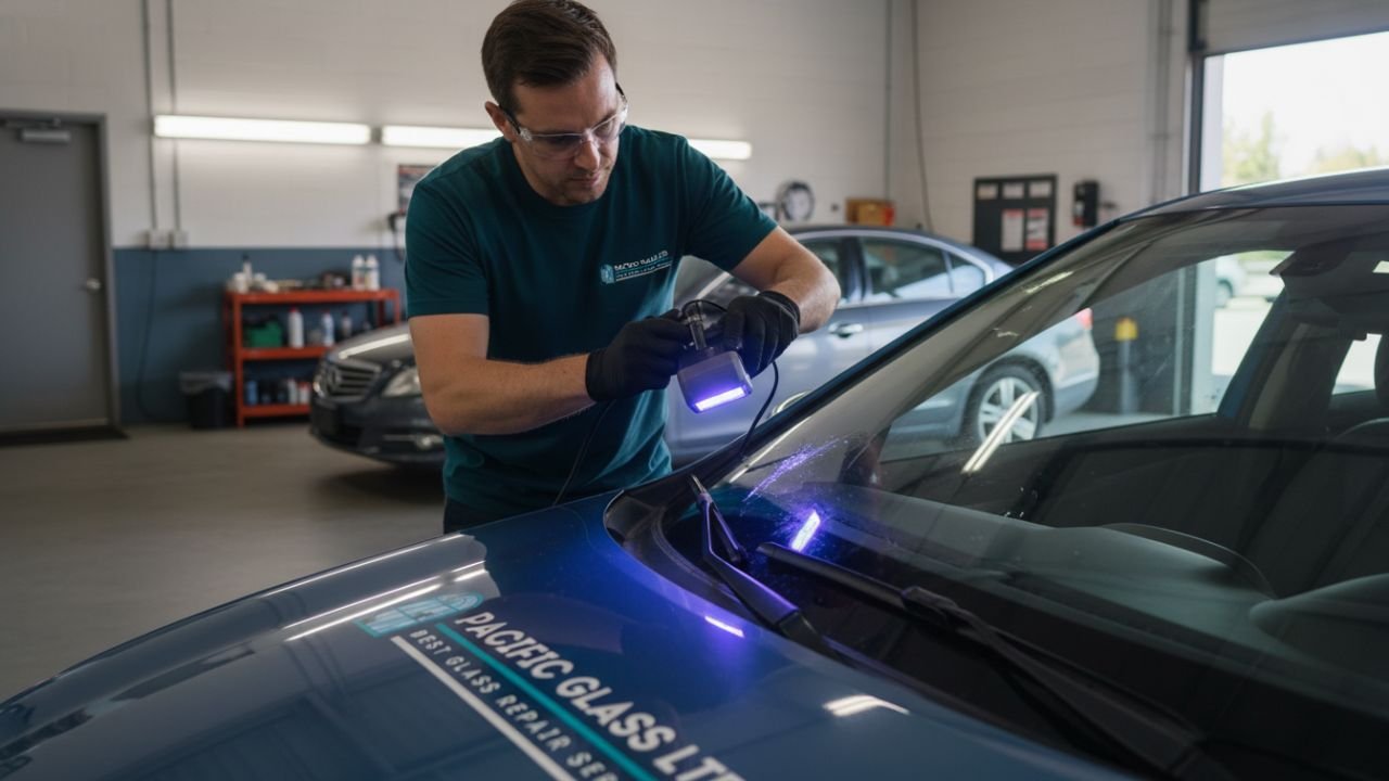 Technician polishing windshield after repair Vancouver