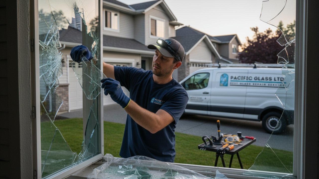 Technician removing broken window glass