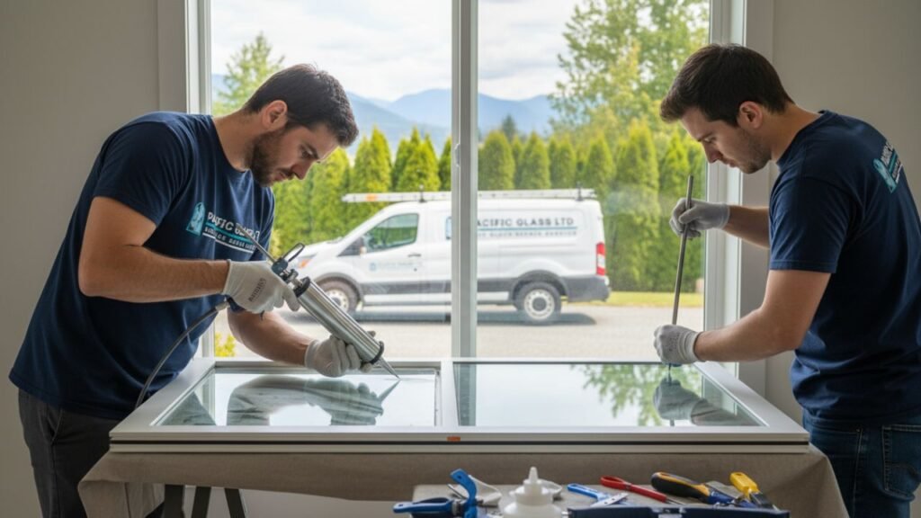 Technician replacing IGU for window seal repair Vancouver