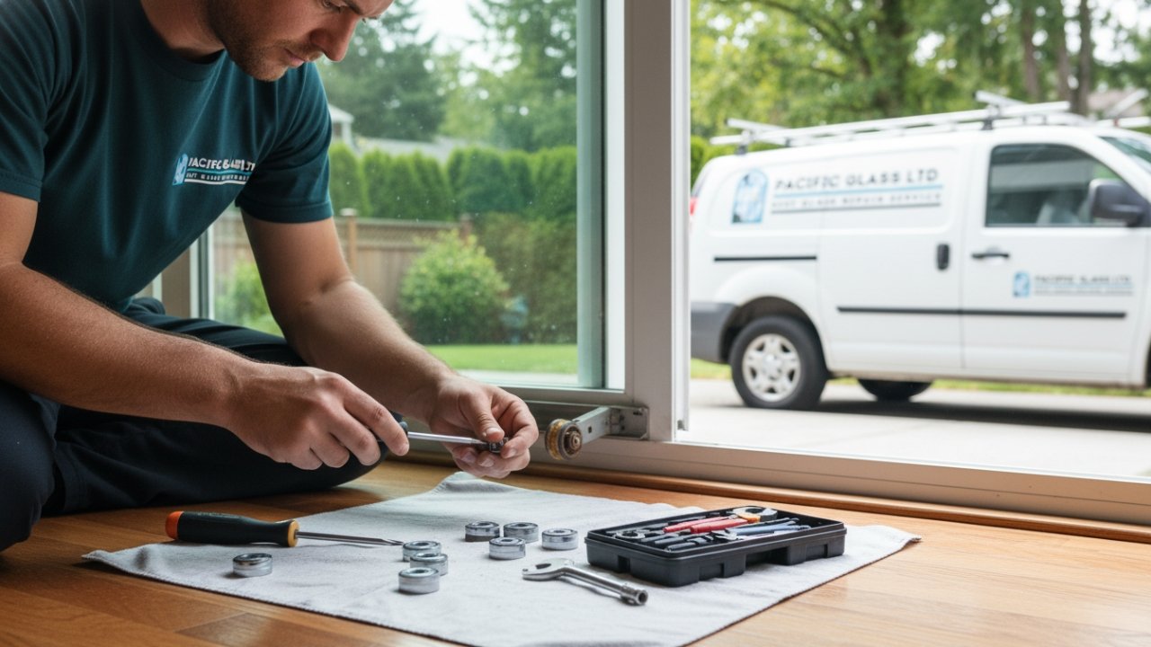 Technician replacing patio door rollers Vancouver