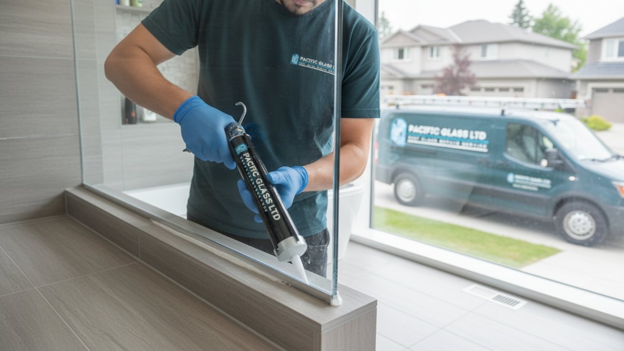 Technician sealing shower glass Vancouver