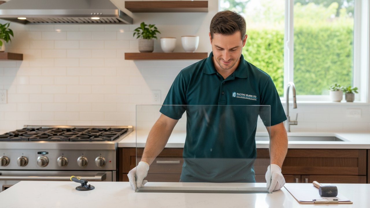 Ultra‑sharp image of a proudly displayed custom‑cut glass table top in a
