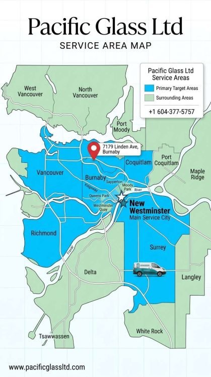 Service area map for Shower Glass New Westminster BC – Pacific Glass Ltd covers Vancouver, Surrey, Burnaby, Richmond, Coquitlam, Langley, New Westminster and surrounding Lower Mainland neighbourhoods